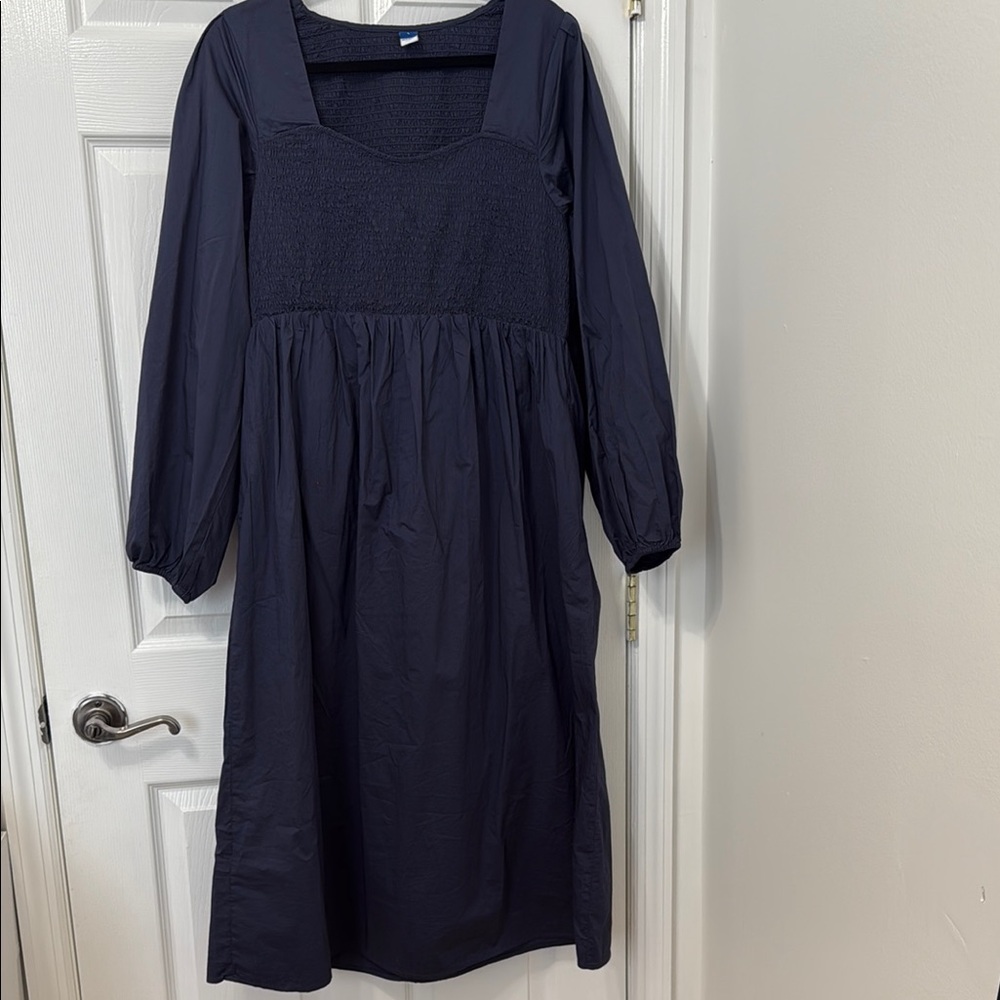 Old Navy Blue Midi Dress with Smocked Bodice and Bishop Sleeves